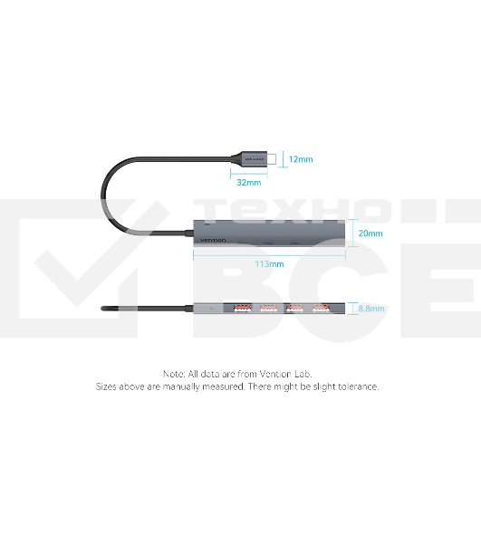 Концентратор Vention OTG USB 3.2 Gen 2 Type-C на 4 USB порта + USB-C PD Серый - 0.15м.