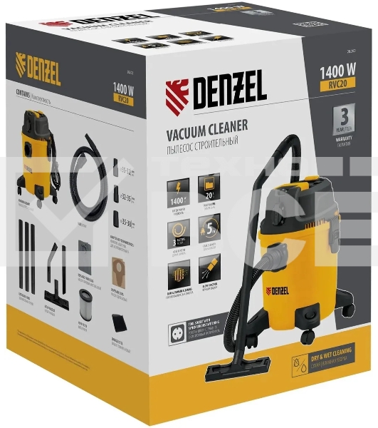 Строительный пылесос Denzel RVC20 желтый, 1400 Вт, уборка сухая/сбор воды/выдув, пылесборник мешок/контейнер, 20 л