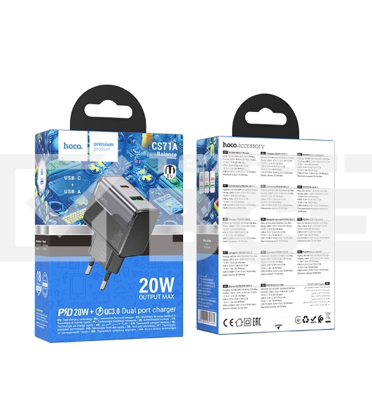 Сетевое зарядное устройство HOCO CS71A 1USB+1Type-C 3.0A PD20W+QC3.0 Midnight черный