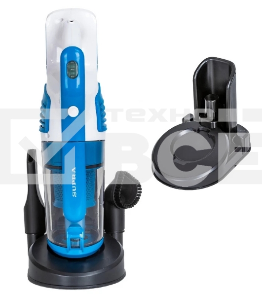 Пылесос вертикальный SUPRA VCS-5097 белый/синий, питание от аккумулятора, 140 Вт, уборка сухая, пылесборник 0.8 л
