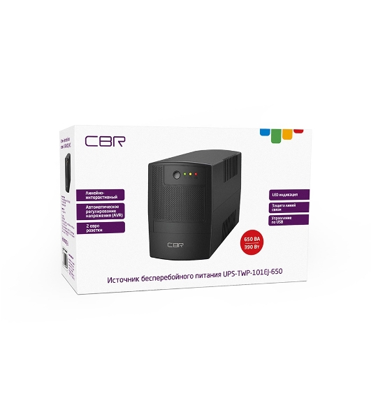 Источник бесперебойного питания CBR UPS-TWP-101EJ-650 / 650ВА / 390Вт, Schuko CEE 7 x2 outlets, USB Type-B, RJ11/45