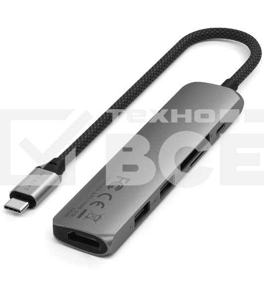 USB-концентратор Satechi 6-in-1 USB-C Slim Multiport Adapter (Type-C, HDMI, 2x Type-A, SD, microSD), до 75 Вт, Серый Док-станция ST-P6SM