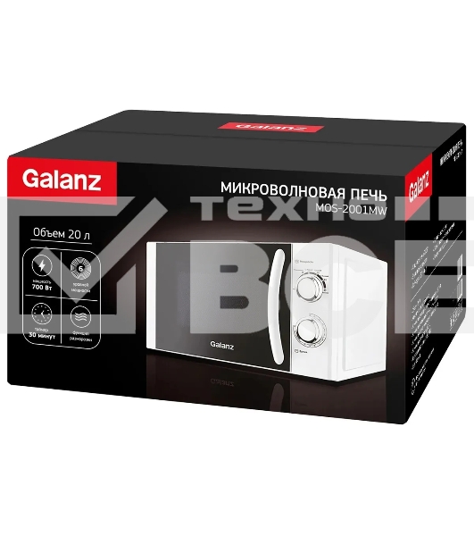 Микроволновая печь Galanz MOS-2001MW белый, 20 л, 700 Вт, переключатели - поворотный механизм