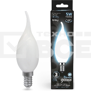Лампа филам. Gauss Filament 5Вт цок.:E14 свеча 220B св.свеч.бел.нейт. (упак.:10шт) (104201205)