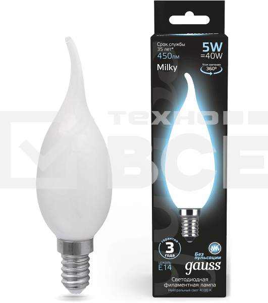 Лампа филам. Gauss Filament 5Вт цок.:E14 свеча 220B св.свеч.бел.нейт. (упак.:10шт) (104201205)