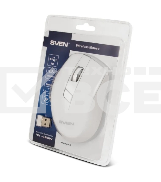 Мышь беспроводная SVEN RX-425W белый, 1600 dpi, радиоканал, USB, кнопки - 6