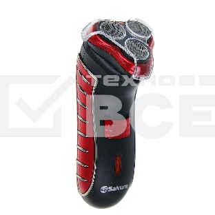 Электробритва Sakura SA-5414RB красно-черный(Бритва электрическая, сухое бритье, работа от аккумулятора. 3 бреющие головки. Индикатор заряда батарейки. Защитная крышка. Щеточка для очистки.)