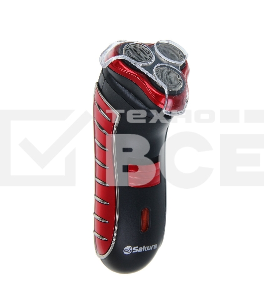 Электробритва Sakura SA-5414RB красно-черный(Бритва электрическая, сухое бритье, работа от аккумулятора. 3 бреющие головки. Индикатор заряда батарейки. Защитная крышка. Щеточка для очистки.)