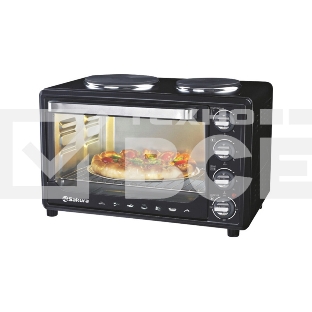 Мини-печь Sakura SA-7001HBK 35л, 3200Вт, духовка 1600Вт, конфорки 185мм+155мм (1000Вт+600Вт), механ.управление, 3 режима работы духовки (верх, низ, верх+низ), раздельная регулировка температуры духовки и конфорок, комплектация - металлическая решетка, противень и ухват. чёрны