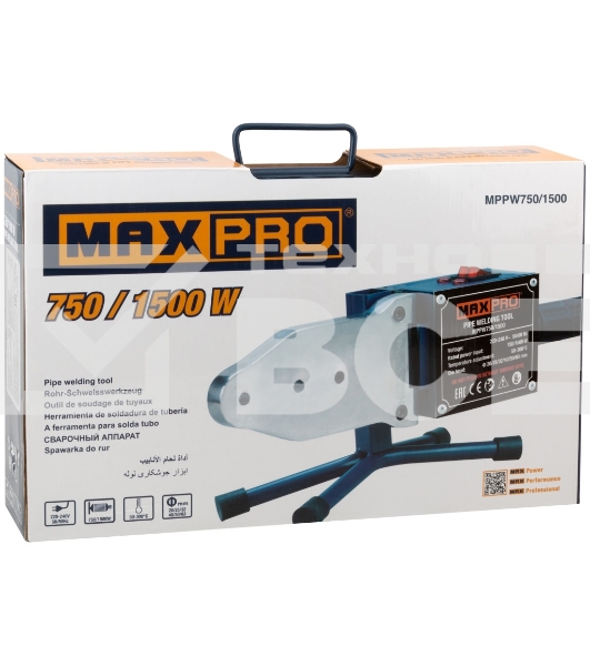 Аппарат сварочный для пластиковых труб MAX-PRO 750/1500 Вт, 50-300?, 6 насадок, 5,8 кг, диаметры труб 20/25/32/40/50/63мм, металлический кейс