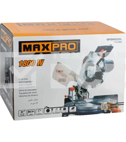 Пила торцовочная MAX-PRO MPBMS255L 1800 Вт, 4500 об/мин, лазер, 255/25,4 мм, резиновый кабель, левый наклон, дополнительные щетки, 10,1 кг, коробка