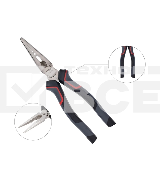 Плоскогубцы удлиненные Deli DL0104 200 мм, Cr-V, эксцентриковый шарнир, антикоррозийное покрытие, трехкомпонентная прорезиненная рукоять