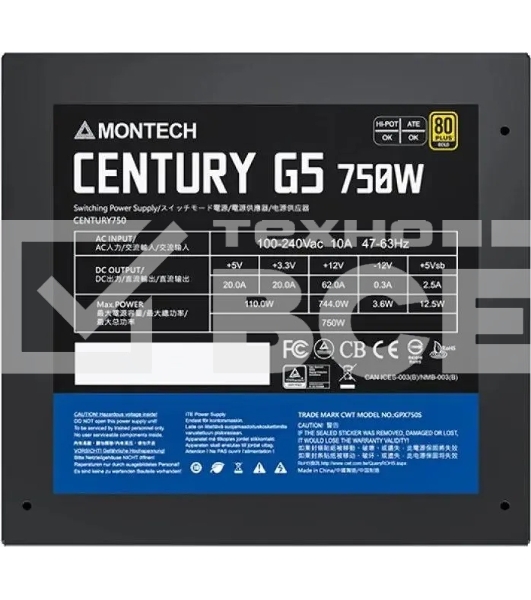 Блок питания Montech ATX 750W CENTURY GOLD G5, 750 Вт, 80 PLUS GOLD, 120 мм, модульный, чёрный