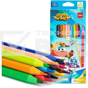 Карандаши цветные Deli EC126-12 Super Wings, шестигранный профиль, пластик коробка с европодвесом (12шт)