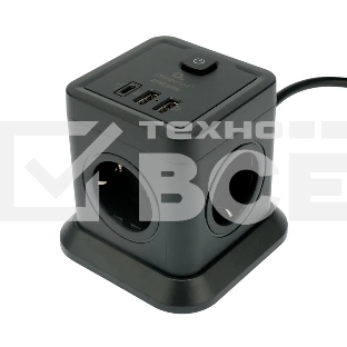 Сетевой фильтр Cablexpert Tower TWR-4-CU2-B-2, 4р, 10А, 1xType-C PD, 20Вт, 2хUSB, 2м, ур.защиты 2+, черный, коробка