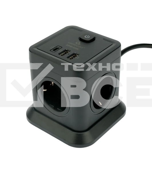 Сетевой фильтр Cablexpert Tower TWR-4-CU2-B-2, 4р, 10А, 1xType-C PD, 20Вт, 2хUSB, 2м, ур.защиты 2+, черный, коробка