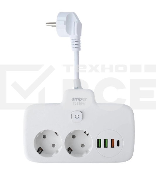 Сетевой удлинитель Amper 0,2м, 2 розетки, 3*0,75мм, 10А, 2500 Вт, 3usb, 1Type-C, 1кн, белый