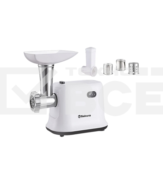 Мясорубка электрическая Sakura SA-6420SW белый, 1500 Вт, 1.4 кг/мин, реверс, защита от перегрузки, насадки - 4