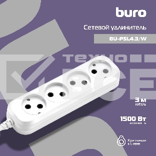 Сетевой удлинитель Buro BU-PSL4.3/W 3м (4 розетки) белый (пакет ПЭ)
