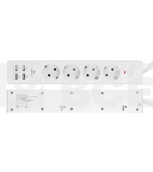 Сетевой фильтр Cablexpert Exnovo EXN-4-U4-W-2, 4р, 16А, 4хUSB, 3.4A, 2м, ур.защиты 4+, белый, коробка