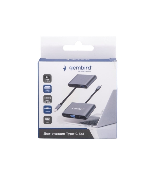 USB-концентратор Gembird UHB-D8, USB Type-C, PD100W, Jack 3,5, HDMI, VGA, USB Type-C