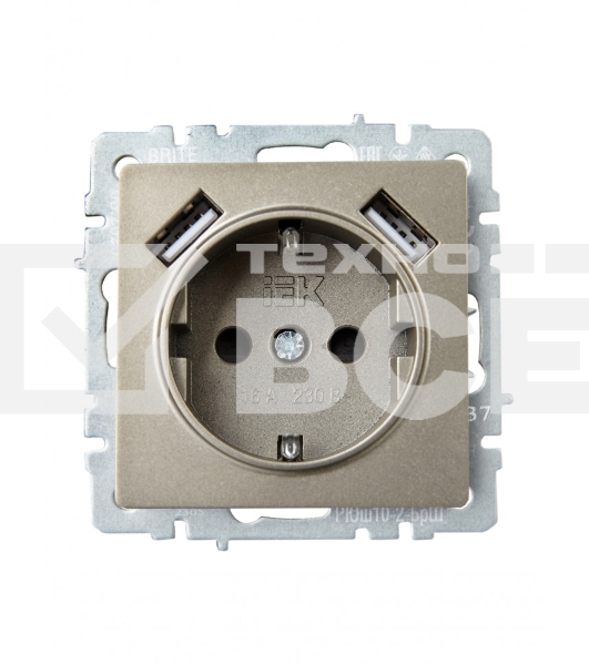 Розетка 1-местная IEK BRITE РЮш10-2-БрШ (BR-R14-16-U21-D31-K37) с заземлением, с защитными шторками, 16А, с USB A+A 5В 3,1А, шампань