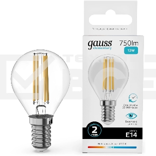 Лампа филам. Gauss Filament 12Вт цок.:E14 шар св.свеч.бел.нейт. (упак.:10шт) (52122)