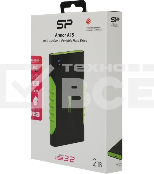 Внешний HDD 2.5' Silicon Power Armor A15, 2TB, USB 3.2 Gen 1 Type-A, 5400 rpm, черно-зеленый