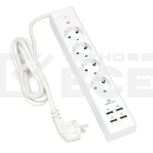 Сетевой фильтр Cablexpert Exnovo EXN-4-U4-W-2, 4р, 16А, 4хUSB, 3.4A, 2м, ур.защиты 4+, белый, коробка