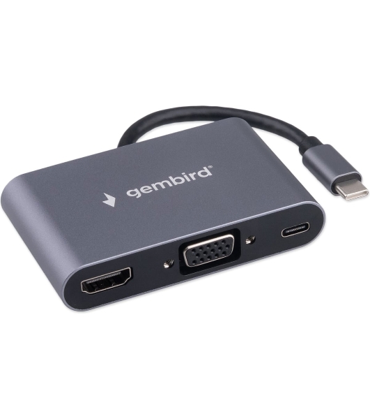 USB-концентратор Gembird UHB-D8, USB Type-C, PD100W, Jack 3,5, HDMI, VGA, USB Type-C