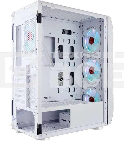Компьютерный корпус Ginzzu GL 390 боковая дверца закаленное стекло на петлях на магнитах, controller CRC10, 4* 12R6W FAN 12CM RGb белый