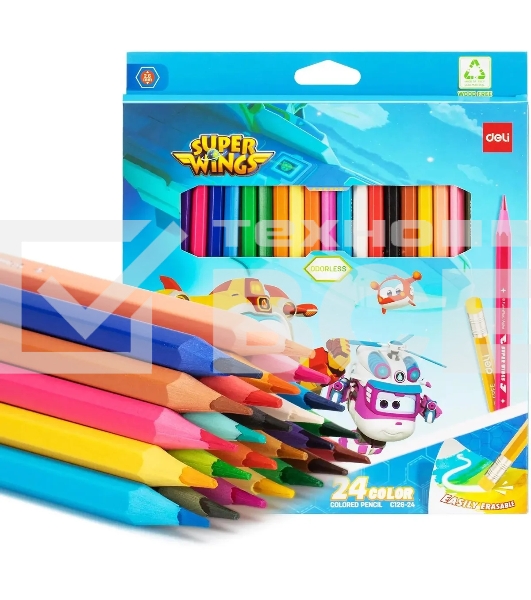 Карандаши цветные Deli EC126-24 Super Wings, шестигранный профиль, пластик коробка с европодвесом (24шт)