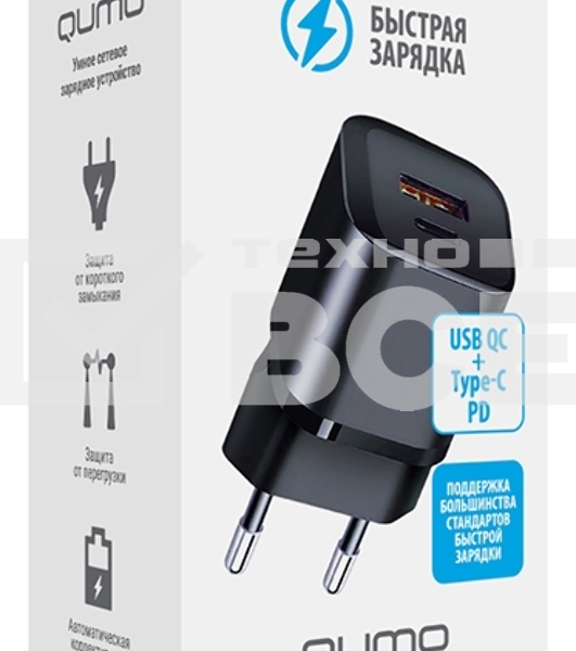 СЗУ Qumo Energy PD 20W (Charger 0071), два порта: Type-C PD + USB-A QC3.0, черный