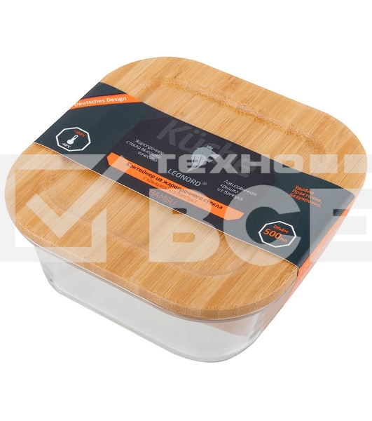 Контейнер LEONORD BAMBU, объем: 500 мл, из жаропрочного стекла с крышкой из бамбука, квадратный (106021)