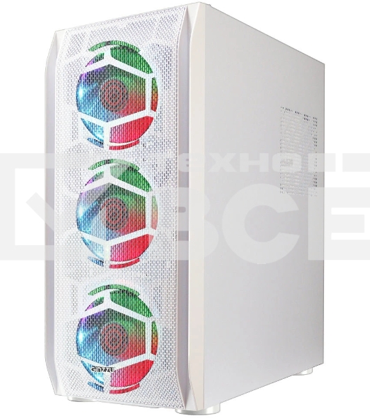 Компьютерный корпус Ginzzu GL 390 боковая дверца закаленное стекло на петлях на магнитах, controller CRC10, 4* 12R6W FAN 12CM RGb белый