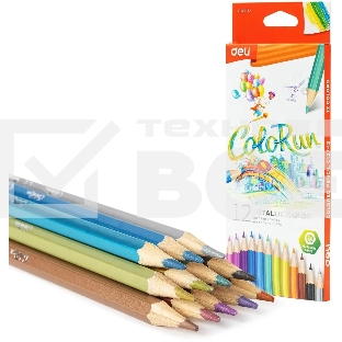 Карандаши цветные Deli EC127-12 ColoRun, шестигранный профиль, дерево 12 цветов, коробка с европодвесом (12шт)