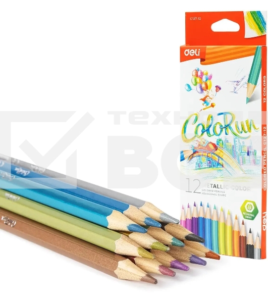 Карандаши цветные Deli EC127-12 ColoRun, шестигранный профиль, дерево 12 цветов, коробка с европодвесом (12шт)