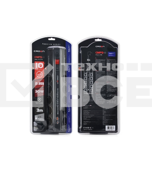 Сетевой фильтр CROWN CMPS-11 черный, 10 розеток, 3 м