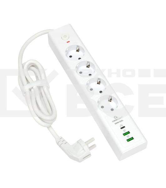Сетевой фильтр Cablexpert Exnovo EXN-4-CU2-W-2, 4р, 16А, 1xType-C PD, 30Вт, 2хUSB, 2м, ур.защиты 4+, белый, коробка