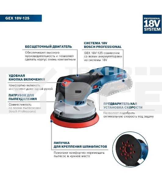 Эксцентриковая шлифмашина Bosch GEX 18V-125 D125мм аккум. (0601372201)