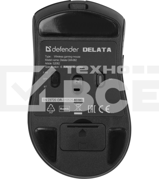 Мышь беспроводная Defender Delata GM-082 черный, 12000 dpi, радиоканал, Bluetooth, USB, кнопки - 6