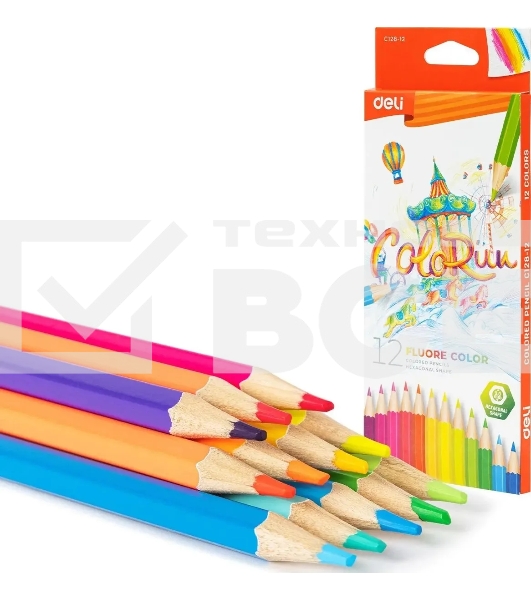 Карандаши цветные Deli EC128-12 ColoRun, шестигранный профиль, дерево 12 цветов, коробка с европодвесом (12шт)