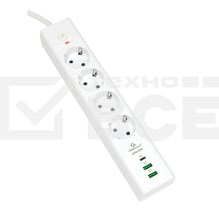 Сетевой фильтр Cablexpert Exnovo EXN-4-CU2-W-2, 4р, 16А, 1xType-C PD, 30Вт, 2хUSB, 2м, ур.защиты 4+, белый, коробка