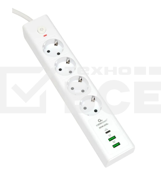 Сетевой фильтр Cablexpert Exnovo EXN-4-CU2-W-2, 4р, 16А, 1xType-C PD, 30Вт, 2хUSB, 2м, ур.защиты 4+, белый, коробка