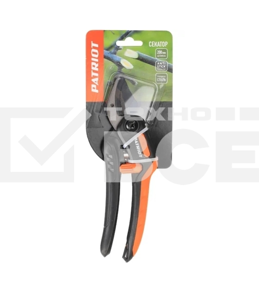 Секатор PATRIOT PAP-200,контактный,наковаленка (сталь 65Mn),лезвие (япон.сталь SK5),рукоятки PP+TPR,фиксатор лезвий,пружин.привод,200 мм