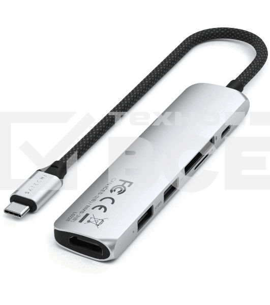 USB-концентратор Satechi 6-in-1 USB-C Slim Multiport Adapter (Type-C, HDMI, 2x Type-A, SD, microSD), до 75 Вт, Серебристый Док-станция ST-P6SS
