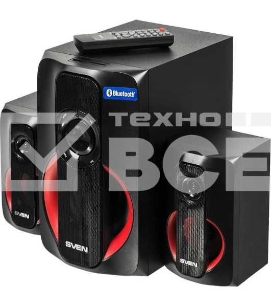 Колонки SVEN AC MS -304, черный Акустическая система, беспроводная передача сигнала по Bluetooth, суммарная мощность (RMS), Вт - 40, выходная мощность (RMS), Вт - сабвуфер: 20, сателлиты: 20 (2 х10), частотный диапазон, Гц - сабвуфер: 40 – 150, сателлиты: 150 – 20 000, размеры динамиков, мм - сабвуфер: O 128, воспроизведение с USB flash и SD card памяти, встроенное FM-радио, LED-дисплей, пульт ДУ, материал корпуса сабвуфера и сателлитов – дерево (MDF).