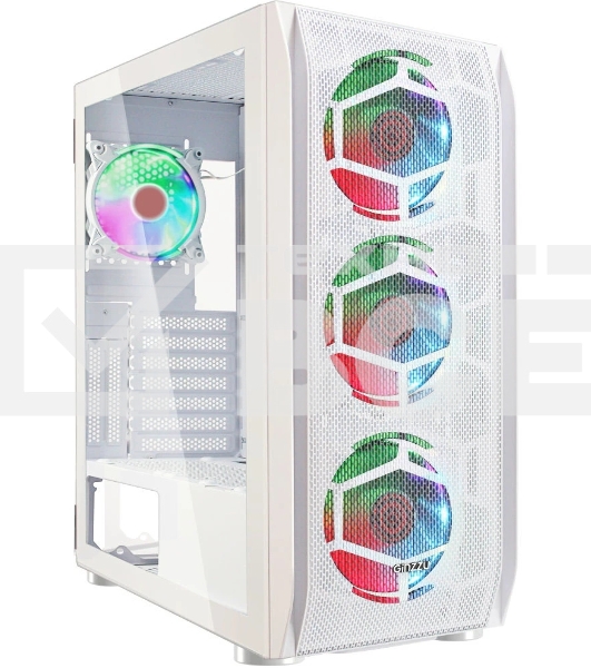 Компьютерный корпус Ginzzu GL 390 боковая дверца закаленное стекло на петлях на магнитах, controller CRC10, 4* 12R6W FAN 12CM RGb белый