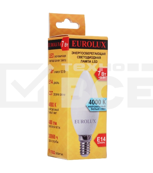 Лампа светодиодная EUROLUX LL-E-C37-7W-230-4K-E14 свеча