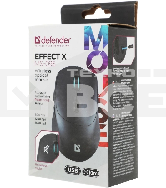 Мышь беспроводная Defender Effect X MS-095 черный, 1600 dpi, радиоканал, USB, кнопки - 6